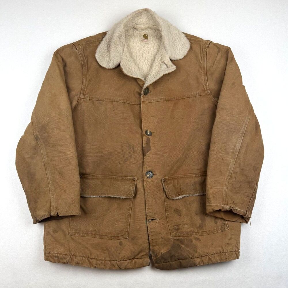 Vtg 70s Carhartt Sherpa Lined Duck Canvas Chore Jacket Barn Coat 44 Large USA